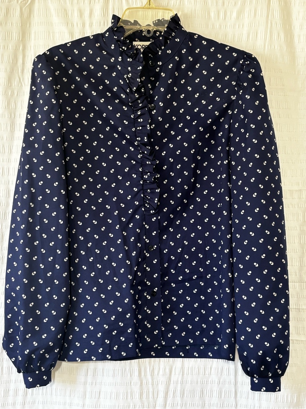 Vintage Koret Dotted Print Blue High Neck Ruffle Blouse Sz Medium